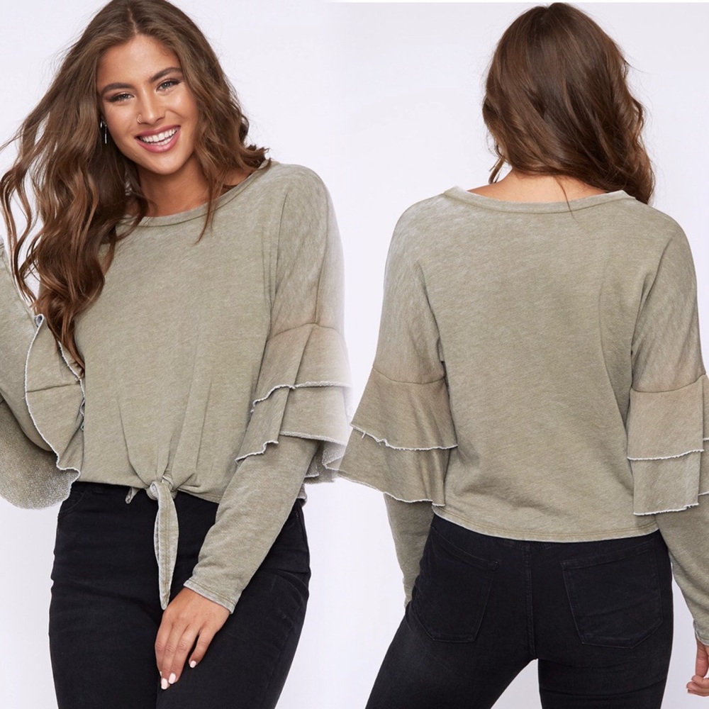 Olive Green Ruffle Sleeve Tie-Front Top